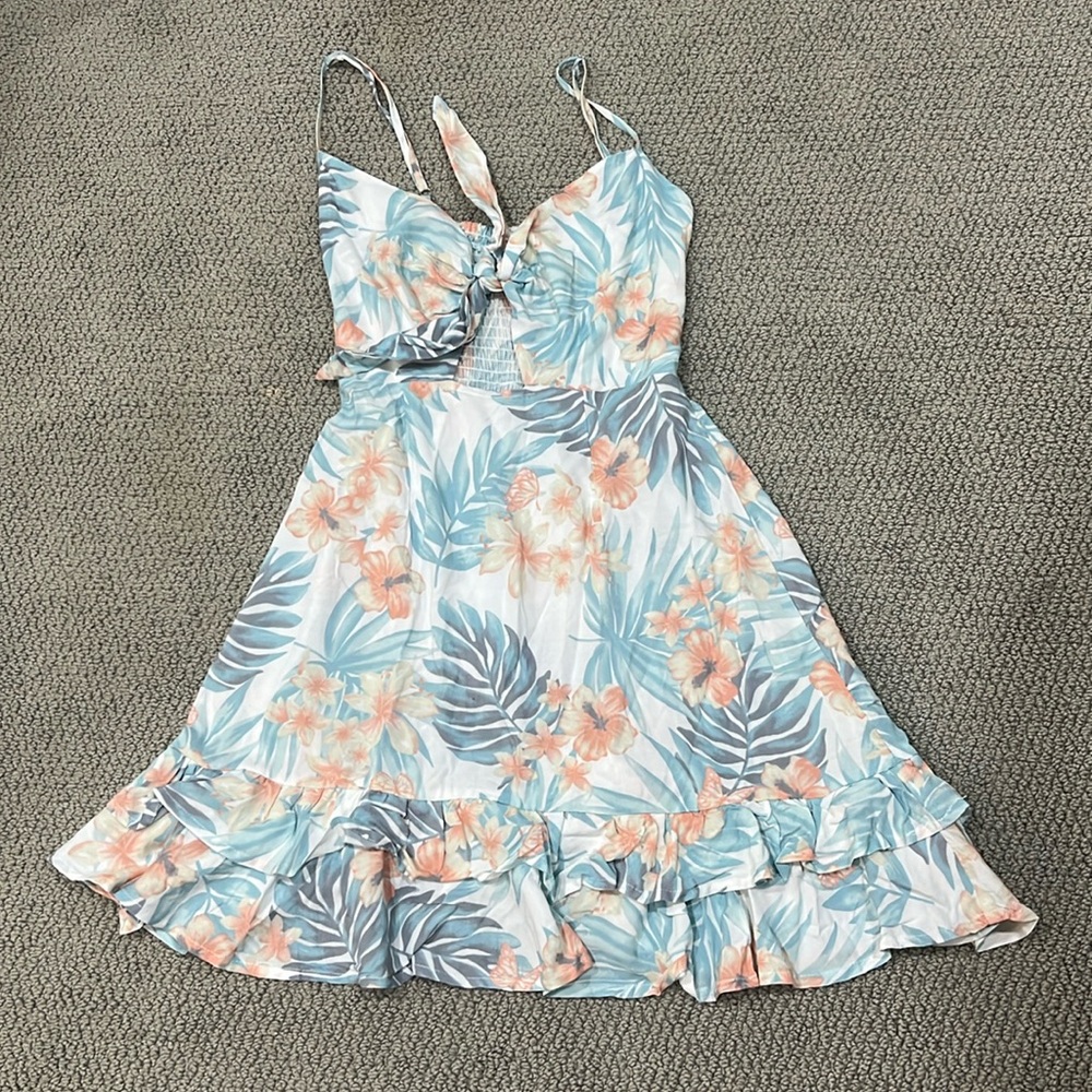 Ocean Drive Floral Tie-Front Sundress in Light Blue and Peach